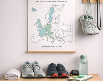 Pôster com mapa da Europa para corrida – Pinte os países que você já correu | Presente para corredor | Decoração para maratonista | Viagem de corrida pela Europa | Arte de parede para imprimir