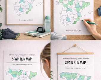 Pôster com mapa de corrida da Espanha – Pinte as províncias que você já correu (Download digital)