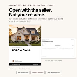 May include: A digital listing presentation template for real estate agents featuring a 8.5 x 11 inch print leave-behind and a 16:9 presentation deck. The design includes text reading Open with the seller. Not your résumé. and 880 Oak Street.