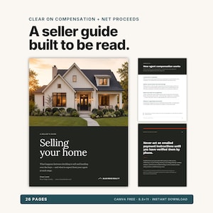 May include: A 26-page seller guide titled Selling your home, featuring a white house with a dark roof on the cover. Includes interior pages detailing agent compensation and payment verification instructions. Dimensions are 21.6 by 27.9 cm.