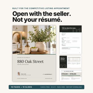 Listing Presentation for Realtors | Print Leave-Behind + 16:9 Slide Deck | Editable Canva Template for the Listing Appointment