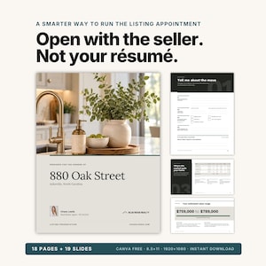 May include: A digital listing presentation template featuring the text A SMARTER WAY TO RUN THE LISTING APPOINTMENT Open with the seller. Not your résumé. The document includes a cover page with 880 Oak Street and several interior page layouts.