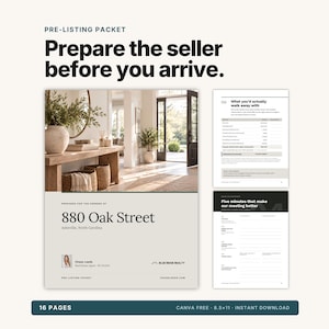 Könnte beinhalten: Eine 16-seitige Vorlage für ein Pre-Listing-Paket mit einem Deckblatt, das ein Innenraumfoto und den Text 880 Oak Street zeigt, sowie zwei Innenseiten mit Tabellen und Checklisten. Das Dokument misst 21,6x27,9 cm und ist für Immobilienmakler.