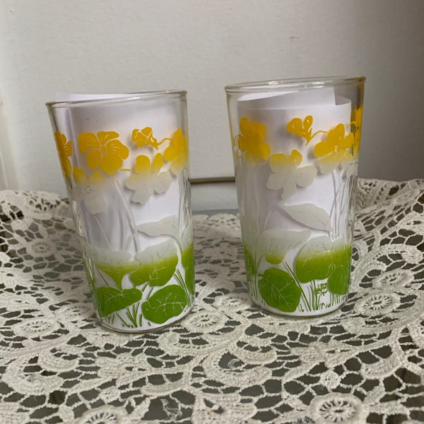 Vintage MCM Jelly Jar Juice Glasses Floral Ombré Retro Violet Pattern