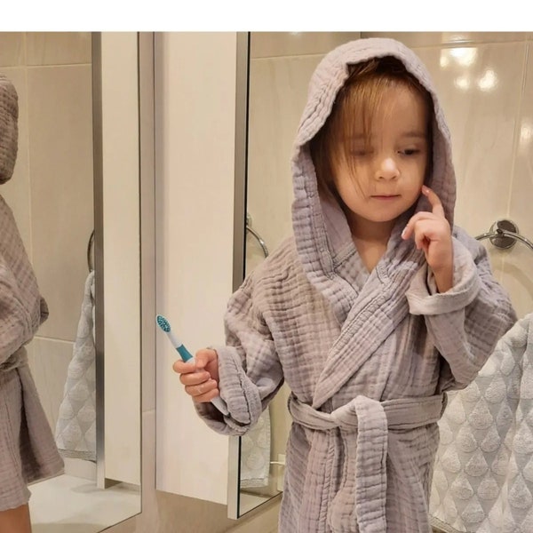 Kids Hooded  Bathrobe Soft 4-Layer Muslin  Baby Robe, Children's Robe, Boy's Robe, Girl's Robe, Bathrobe Gift , Cotton Bathrobe For Kids