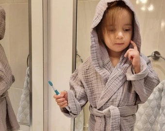 Kids Hooded  Bathrobe Soft 4-Layer Muslin  Baby Robe, Children's Robe, Boy's Robe, Girl's Robe, Bathrobe Gift , Cotton Bathrobe For Kids