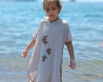 Poncho infantil de 2 capas de muselina con capucha, bata de baño, toalla con capucha, para playa, baño, playa, algodón, manga corta, suave, para verano