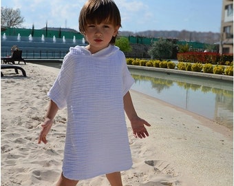 Kids Poncho 4 Layers Muslin Hooded ,Bathrobe, Kids Beach, Bath ,Hooded Towel ,Cover-Up Swim Beach Cover-Up Cotton, Summer Short Sleeve  Soft