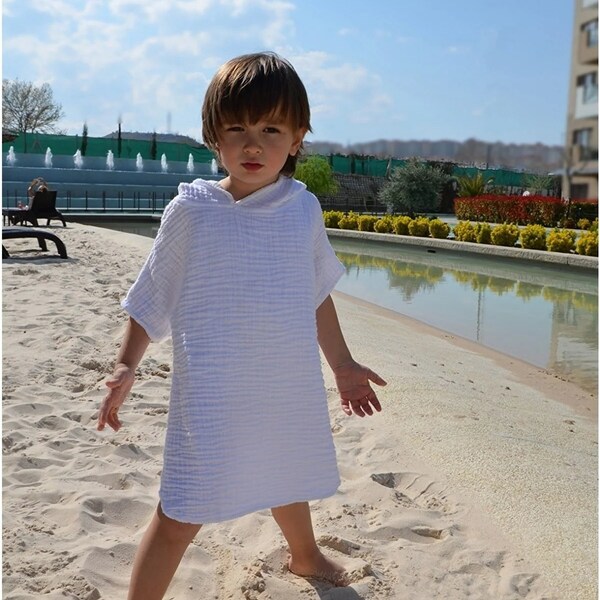 Kids Poncho 4 Layers Muslin Hooded ,Bathrobe, Kids Beach, Bath ,Hooded Towel ,Cover-Up Swim Beach Cover-Up Cotton, Summer Short Sleeve  Soft