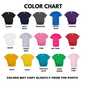 Op de afbeelding: Een kleurenkaart met t-shirtkleuren: zwart, marineblauw, houtskool, koningsblauw, paars, wit, sportgrijs, roze, felroze, rood, goud, madeliefje, tropisch blauw, Iers groen en lichtroze. De tekst luidt "COLOR CHART".