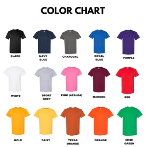 May include: A color chart displaying fifteen short-sleeve t-shirts in various colors arranged in three rows. The colors include black, navy blue, charcoal, royal blue, purple, white, sport grey, pink, maroon, red, gold, daisy, texas orange, orange, and irish green.