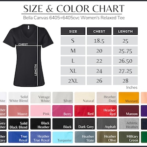 Puede incluir: Una tabla de tallas y colores para la camiseta Bella Canvas 6405+6405cvc. Muestra una camiseta negra con cuello en V, l&iacute;neas de medici&oacute;n de pecho y largo, una tabla de tallas de la S a la 2XL en pulgadas y 32 muestras de color etiquetadas.
