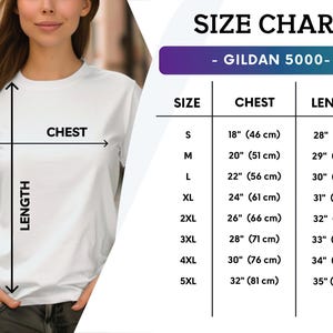 May include: A Gildan 5000 size chart featuring a white t-shirt with black arrows indicating chest and length measurements. The table lists sizes S through 5XL with corresponding chest and length dimensions in inches and centimeters for reference.