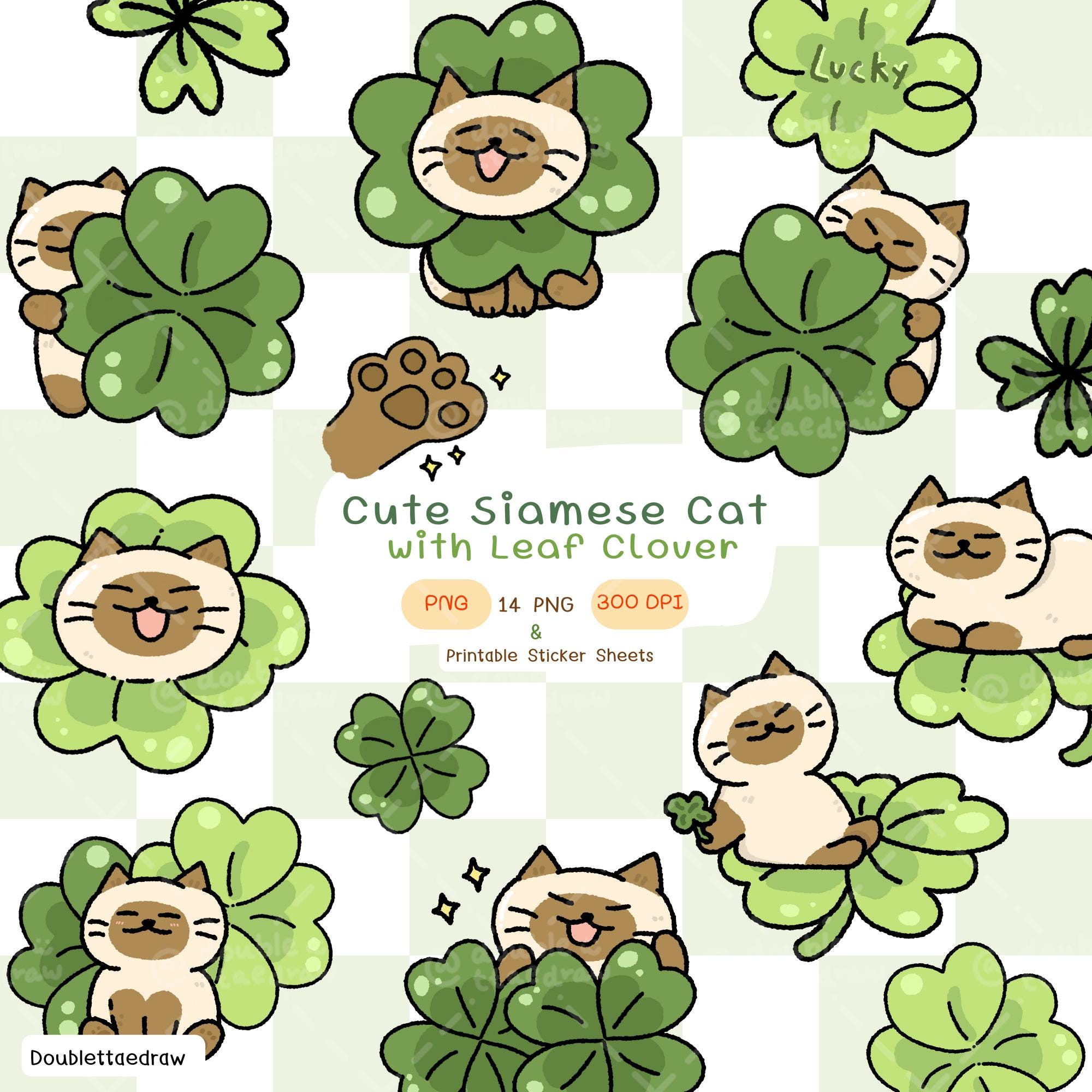 Niedliche Siamkatze mit Kleeblatt Digitale Aufkleber | PNG Aufkleber Set | Planer Aufkleber | Druckbare digitale Aufkleber, Clipart Illustration