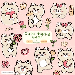 Cute Happy Bear Digital Stickers | PNG Sticker Set | Planner Sticker | Printable Digital Stickers Clipart Illustration