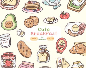 Kawaii Frühstück Essen Sticker Pack - 20 digitale PNG Planer Aufkleber (Avocado, Pfannkuchen, Toast, Eier)