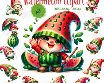 Watermelon Gnome Clipart, Cute Watermelon PNG, Watercolor Gnome Clipart, Watermelon PNG, Summer Watermelon Gnome Clipart