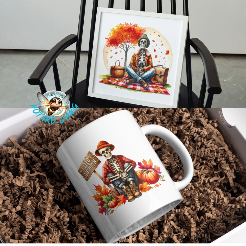 May include: A white framed print and a white mug featuring a skeleton enjoying autumn. The print shows a skeleton on a picnic blanket under a tree. The mug has a skeleton with a sign that says "Hello Autumn" with pumpkins and leaves.