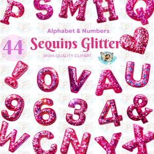 Könnte beinhalten: 44 pinkfarbene Glitzer-Sequin-Buchstaben und -Zahlen, darunter ein Herz, ein Ausrufezeichen und ein kaufmännisches Und. Hochwertige Cliparts.