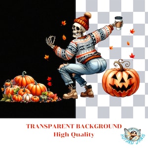 May include: Digital illustration of a skeleton in a knit sweater, jeans, and a beanie, holding a coffee cup. A carved pumpkin and pumpkins are on the right and left. The words "TRANSPARENT BACKGROUND" and "High Quality" are at the bottom.