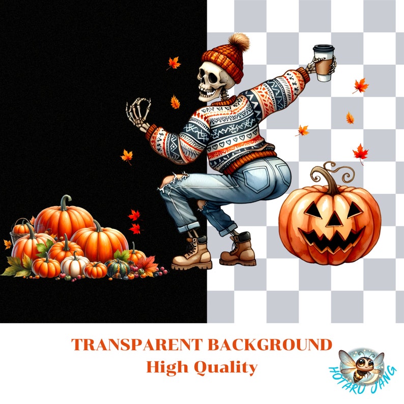 May include: Digital illustration of a skeleton in a knit sweater, jeans, and a beanie, holding a coffee cup. A carved pumpkin and pumpkins are on the right and left. The words "TRANSPARENT BACKGROUND" and "High Quality" are at the bottom.