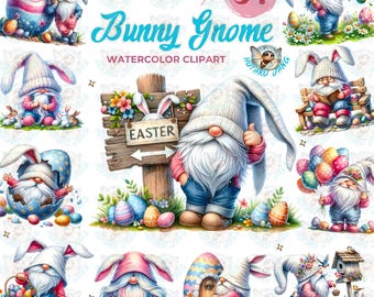 Bunny Gnome Watercolor Clipart: Easter PNG Designs (Digital Download)