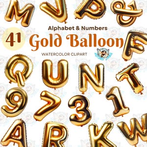 Gold Balloon Alphabet Clipart: A-Z, 0-9, PNG Watercolor (Digital Download)