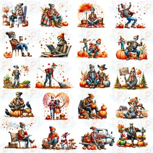 May include: A series of watercolour illustrations showing skeletons in autumn scenes. Skeletons are shown with pumpkins, leaves, and seasonal clothing. Scenes include reading, picnics, and harvesting, with a "Happy Fall" sign.