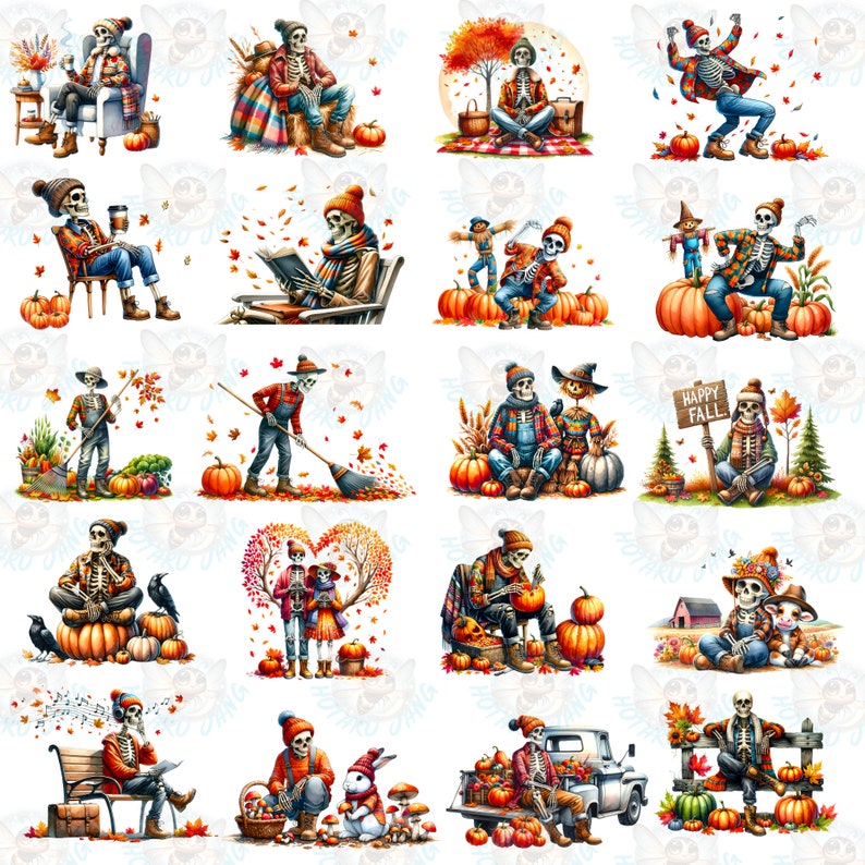 May include: A series of watercolour illustrations showing skeletons in autumn scenes. Skeletons are shown with pumpkins, leaves, and seasonal clothing. Scenes include reading, picnics, and harvesting, with a "Happy Fall" sign.