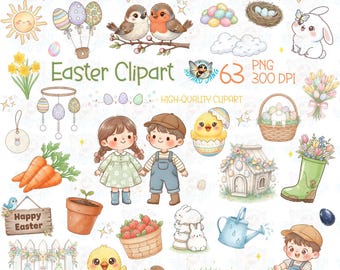 Easter Clipart Bundle – 63 Cute Spring PNG | Easter Bunny, Eggs, Chicks, Kids, Farm | 300 DPI