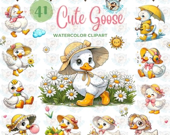 Goose Watercolor Clipart Set, Spring Garden PNGs