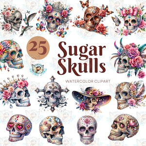 Aquarell Sugar Skulls Clipart | Dia De Los Muertos, Mexikanisches Halloween, Sugarskull Illustrationen Tag der Toten