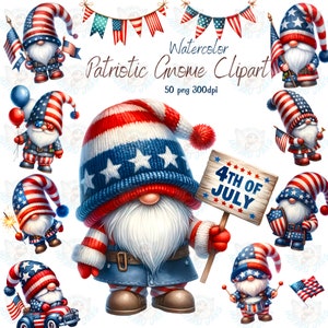 Lot de cliparts aquarelle nain patriotique PNG, gnomes du 4 juillet, gnomes vétérans Png, Memorial Day, sublimation de la fête de l'indépendance