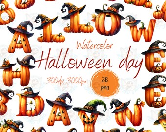 Aquarell Halloween Alphabet Clipart: Kürbis Hexenhut Buchstaben (PNG)