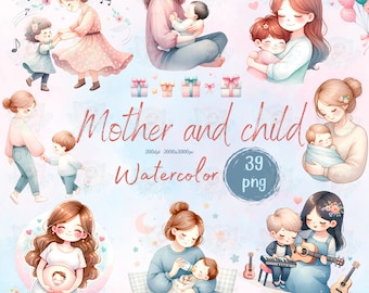 Watercolor mother and child Clipart , watercolor clipart, digital download, instant download,mother's day clipart