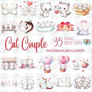 Katzenpaar Aquarell Clipart, Katzenpaar PNG, Liebe, Katze, Valentinstag, Valentinstag & Hochzeiten, Romantische Designs, Digital Sofort Download