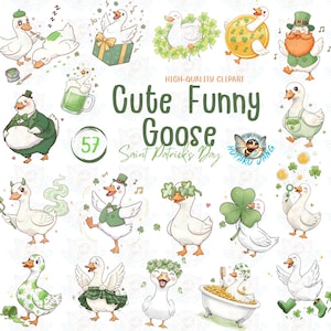 May include: A set of cartoon illustrations of geese celebrating Saint Patrick's Day. The geese are shown in various poses, wearing green outfits, shamrocks, and leprechaun hats. The text "Cute Funny Goose Saint Patrick's Day" is also visible.