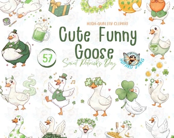 Cute Funny Goose Clipart – St. Patrick’s Day PNG | Leprechaun Goose, Shamrock, Beer | 57 PNG 300 DPI