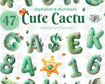 Cactus Alphabet Clipart: Wild West Letters & Numbers PNG