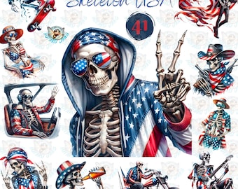 Skeleton USA Clipart: 41 Patriotic PNG Illustrations (Digital Download)