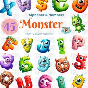 Könnte beinhalten: 45 bunte Monster-Alphabet- und Zahlen-Clipart-Bilder. Die Buchstaben und Zahlen sind im Cartoon-Stil mit Glotzaugen und albernen Gesichtsausdrücken gestaltet. Die Buchstaben sind in verschiedenen Farben, darunter Rot, Blau, Grün, Gelb, Orange und Lila. Die Zahlen sind in verschiedenen Farben, darunter Rot, Blau, Grün, Gelb, Orange und Lila.