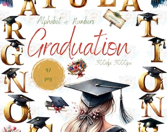 Watercolor Graduation Alphabet Clipart: 47 PNG Letters (Digital Download)