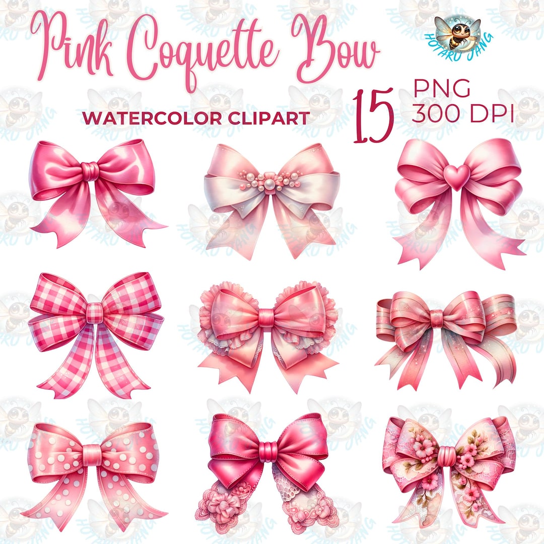 Pink Coquette Bow Watercolor Clipart: 15 PNG Designs (digital Download ...