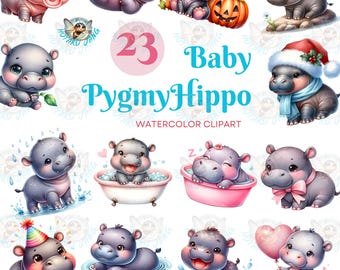 Baby pygmee nijlpaard aquarel clipart: jungle dieren png (23 bestanden)