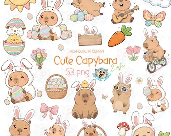 Kawaii Capybara Bunny Easter Clipart, Spring Animals (53 PNG)