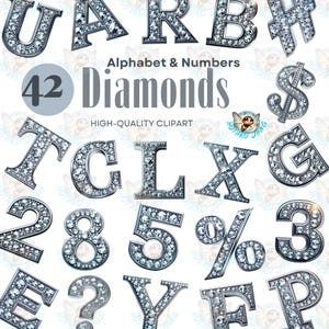 Alfabeto y número de diamantes, imágenes prediseñadas, letras enriquecidas png, colgante de diamante, diseño de lujo del alfabeto, imágenes prediseñadas de números y puntuación, letras brillantes