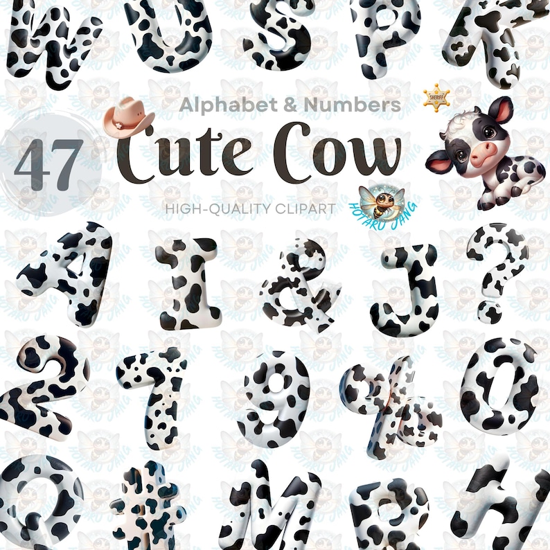 Cute Cow Alphabet & Numbers Clipart, Cowhide, Birthday Girl Boy, Baby ...