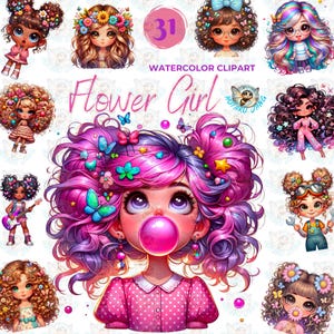 Flower Girl Watercolor Clipart, 31 High-Res PNGs of Cute Girls with Curly Hair, Flowers, Bubblegum, and Rainbow Accessories for DIY Crafts