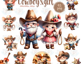 May include: A set of 45 digital clipart images featuring gnomes dressed as cowboys and cowgirls. The gnomes are wearing cowboy hats, boots, and bandanas. Some of the gnomes are holding lassoes, guns, and other cowboy accessories. The images are perfect for crafting, scrapbooking, and other creative projects.