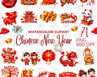 Puede incluir: Colección de imágenes prediseñadas de acuarela con varias ilustraciones del Año Nuevo Chino. Incluye imágenes de un dragón rojo, un tigre, un cerdo, un gato, lingotes de oro, linternas y el texto "Chinese New Year".